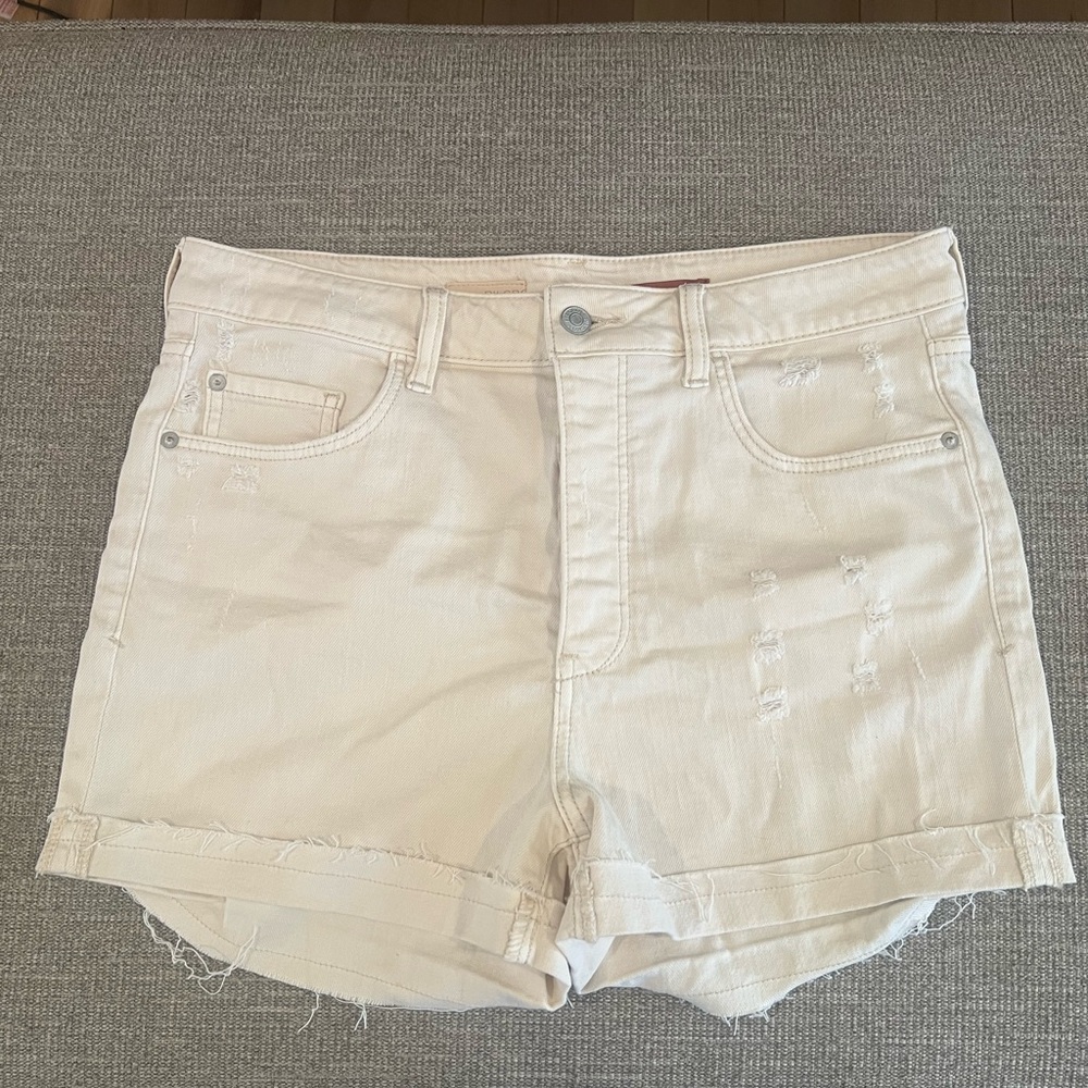 Pilcro Anthropology Cream Distressed Rolled-Hem Jean Shorts